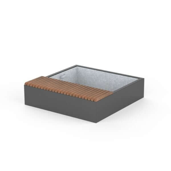 Deze plantenbak met geïntegreerde zitplaats laten leveren? Gemaakt van staal en iroko hardhout, ideaal voor openbare ruimtes.