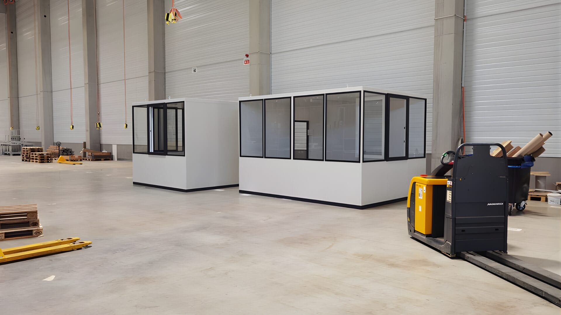 binnen kantoorunit in diverse uitvoeringen geplaatst in een magazijn ven een logistiek bedrijf.