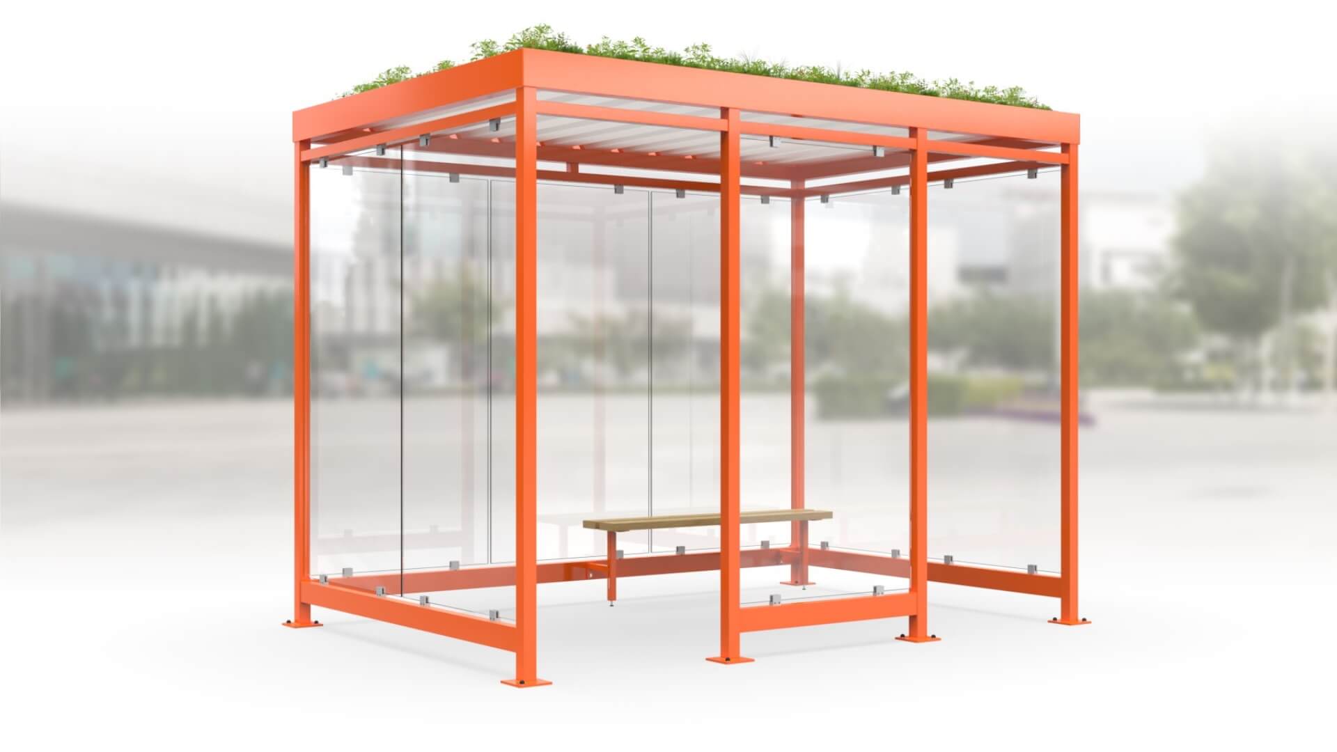 Rokershok met oranje stalen frame, glazen wanden, houten zitbank en groen sedumdak – moderne rookoverkapping geschikt voor bedrijven en instellingen.