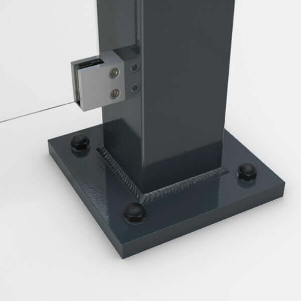 rookabri en fietsoverkapping met stabiele voetplaat met montage van ESG-glas Detail van voetplaat met bevestigde glaspanelen en robuuste afwerking