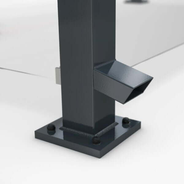 Stalen voet met geïntegreerde waterspuwer van een overkapping Detail van voet met waterspuwer aan stalen staander van een overkapping