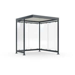 Gerenderde afbeelding van een compacte rookoverkapping met glazen wanden en een metalen frame, geschikt voor 4-5 personen.