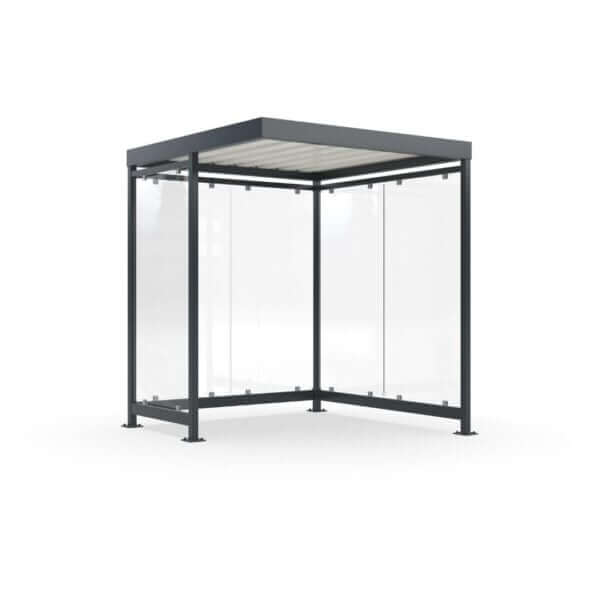 Gerenderde afbeelding van een compacte rookoverkapping met glazen wanden en een metalen frame, geschikt voor 4-5 personen.