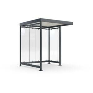 Gerenderde afbeelding van een rookabri met glazen wanden en metalen frame, voorzien van een optioneel sedumdak voor extra duurzaamheid en natuurlijke uitstraling.