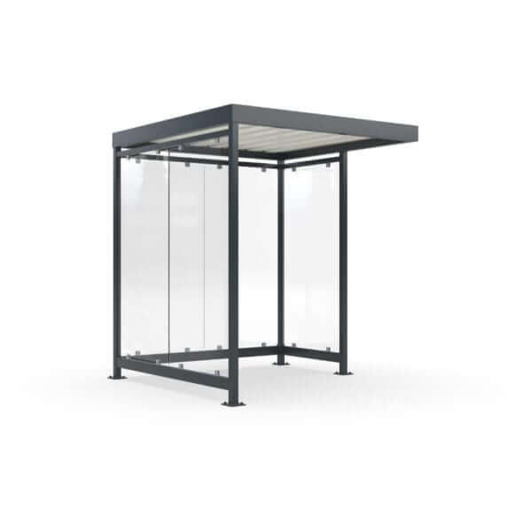 Gerenderde afbeelding van een rookabri met glazen wanden en metalen frame, voorzien van een optioneel sedumdak voor extra duurzaamheid en natuurlijke uitstraling.