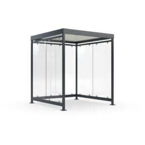 Gerenderde afbeelding van een rookcabine in RAL-7016 met ESG glazen wanden, modern en strak vormgegeven, geschikt voor buitengebruik.