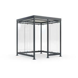 Gerenderde afbeelding van een compacte rookabri met glazen wanden en een donker metalen frame.