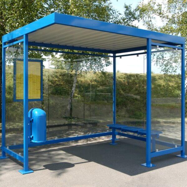 Blauwe rookoverkapping of bushokje online aanschaffen Blauwe rookoverkapping die ook inzetbaar is als bushokje, voorzien van glazen wanden, zitbank en afvalbak.