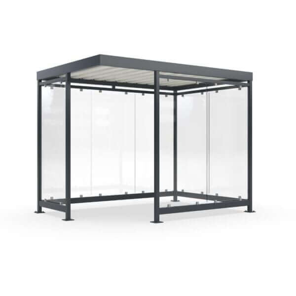 Gerenderde afbeelding van een rookoverkapping met glazen wanden en een grote, rolstoelvriendelijke opening.