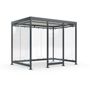 Gerenderde afbeelding van een rokershok met glazen wanden en een stevig metalen frame, ontworpen voor bescherming tegen wind en regen.