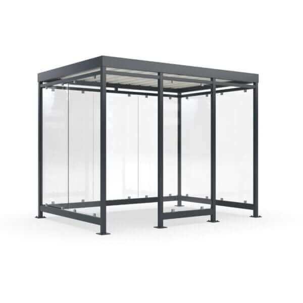 Gerenderde afbeelding van een rokershok met glazen wanden en een stevig metalen frame, ontworpen voor bescherming tegen wind en regen.