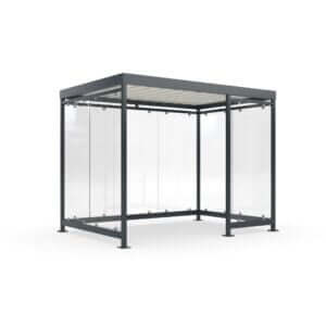 Gerenderde afbeelding van een rookabri voor 6-7 personen met glazen wanden en een robuust metalen frame.