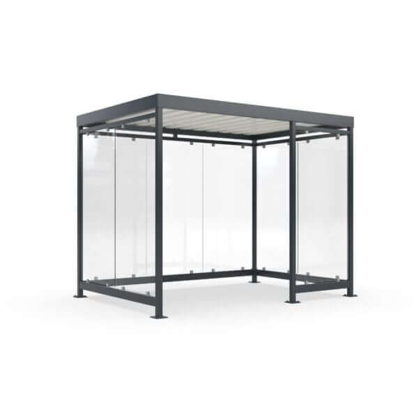 Gerenderde afbeelding van een rookabri voor 6-7 personen met glazen wanden en een robuust metalen frame.