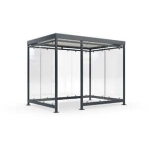 Gerenderde afbeelding van een rookabri van 3x2 meter met glazen wanden en een duurzaam metalen frame, uitgevoerd met dezelfde eigenschappen en opties als de andere modellen.