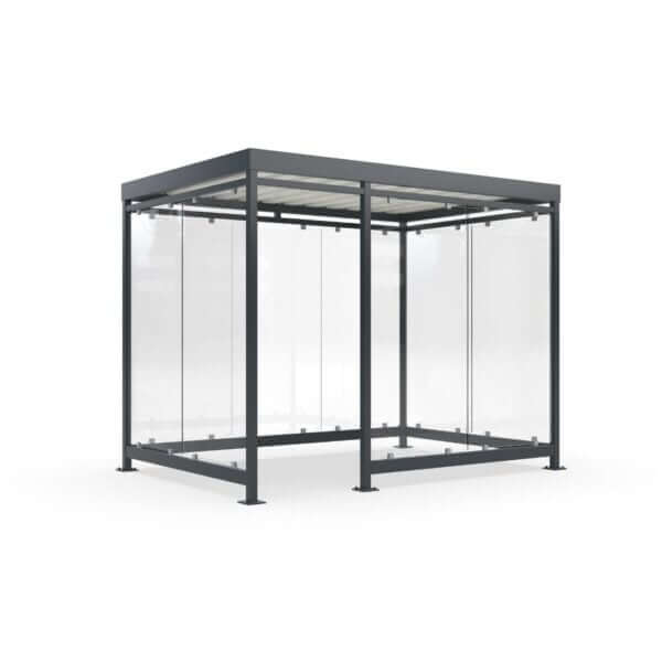 Gerenderde afbeelding van een rookabri van 3x2 meter met glazen wanden en een duurzaam metalen frame, uitgevoerd met dezelfde eigenschappen en opties als de andere modellen.