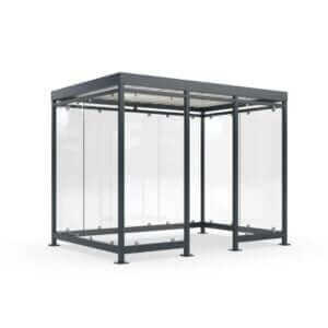 Gerenderde afbeelding van een rokersruimte met glazen wanden en stalen frame, leverbaar in elke gewenste RAL-kleur.