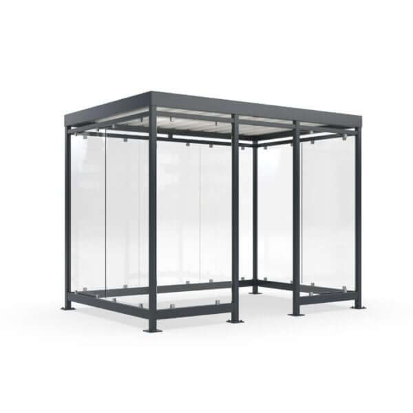 Gerenderde afbeelding van een rokersruimte met glazen wanden en stalen frame, leverbaar in elke gewenste RAL-kleur.