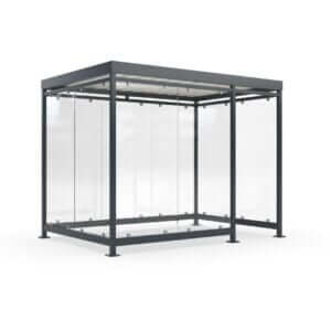 Gerenderde afbeelding van het rookhok Keulen, voorzien van glazen wanden en een robuust metalen frame, ideaal als rookoverkapping voor buiten.