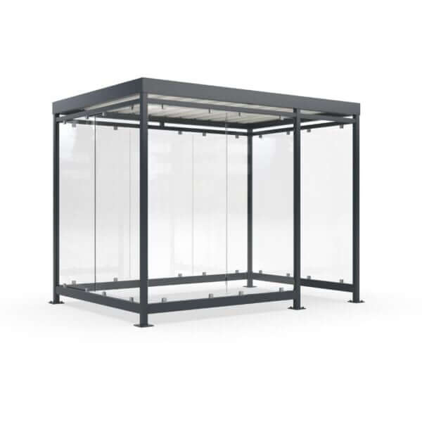 Gerenderde afbeelding van het rookhok Keulen, voorzien van glazen wanden en een robuust metalen frame, ideaal als rookoverkapping voor buiten.