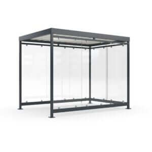 Gerenderde afbeelding van een rokershok met glazen wanden en een metalen frame, ontworpen als overkapping voor buitengebruik