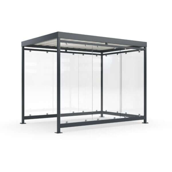 Gerenderde afbeelding van een rokershok met glazen wanden en een metalen frame, ontworpen als overkapping voor buitengebruik