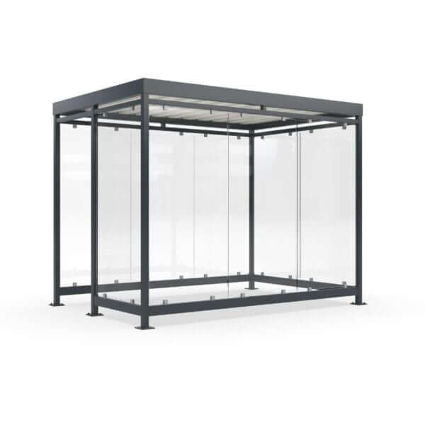 Rookoverkapping buiten met een modern design van glas en staal, geschikt voor plaatsing op diverse ondergronden.