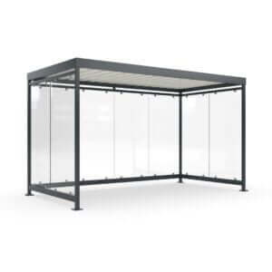 Prefab fietsenstalling met glaswanden met een maatvoering van 4x2 meter en in kleur RAL-7016.