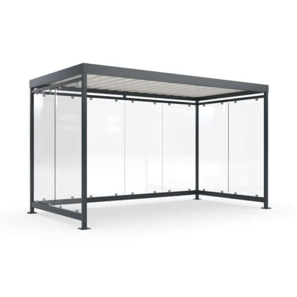 Prefab fietsenstalling met glaswanden met een maatvoering van 4x2 meter en in kleur RAL-7016.