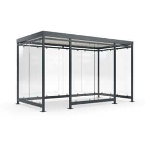 Rookoverkapping met stalen frame en glazen wanden, ideaal voor buitenruimtes en leverbaar in elke gewenste RAL-kleur.