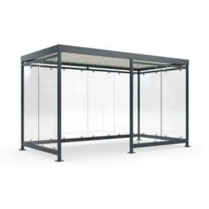 Moderne rokersoverkapping voor buiten met glazen wanden en stalen frame, verkrijgbaar in diverse RAL-kleuren.