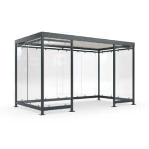 Rookhok voor buiten met ESG glazen wanden en een donkergrijs gepoedercoat stalen frame, ontworpen als beschutte rookruimte.