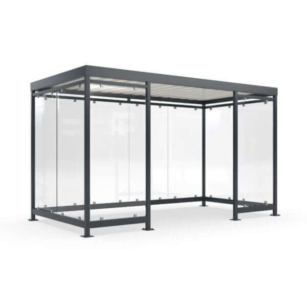 Rookhok voor buiten met ESG glazen wanden en een donkergrijs gepoedercoat stalen frame, ontworpen als beschutte rookruimte.