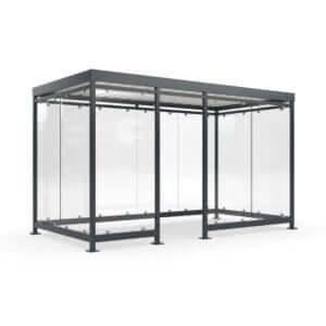 Rookoverkappingen van verzinkt staal en gepoedercoat in een RAL-kleur naar keuze. De wanden zijn van ESG glas.