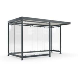 Prefab rookoverkapping met ESG glazen wanden en een donker gepoedercoat stalen frame, geschikt voor buitengebruik en leverbaar in diverse RAL-kleuren.