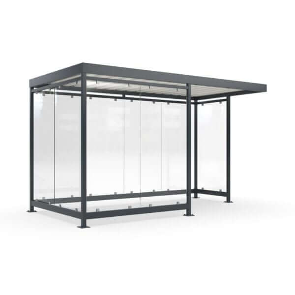 Prefab rookoverkapping met ESG glazen wanden en een donker gepoedercoat stalen frame, geschikt voor buitengebruik en leverbaar in diverse RAL-kleuren.