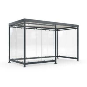Rookabri Keulen van Umfeldt – prefab rookoverkapping met glazen wanden en stalen frame, geschikt voor buitenlocaties