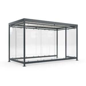 Rookoverkapping voor bedrijven en zorginstellingen met ESG glazen wanden en gepoedercoat verzinkt staal in RAL-kleur naar keuze