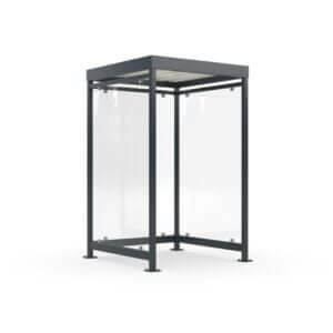 Gerenderde afbeelding van een compacte rookabri van 150 cm x 150 cm met antracietkleurig stalen frame en ESG-veiligheidsglas.