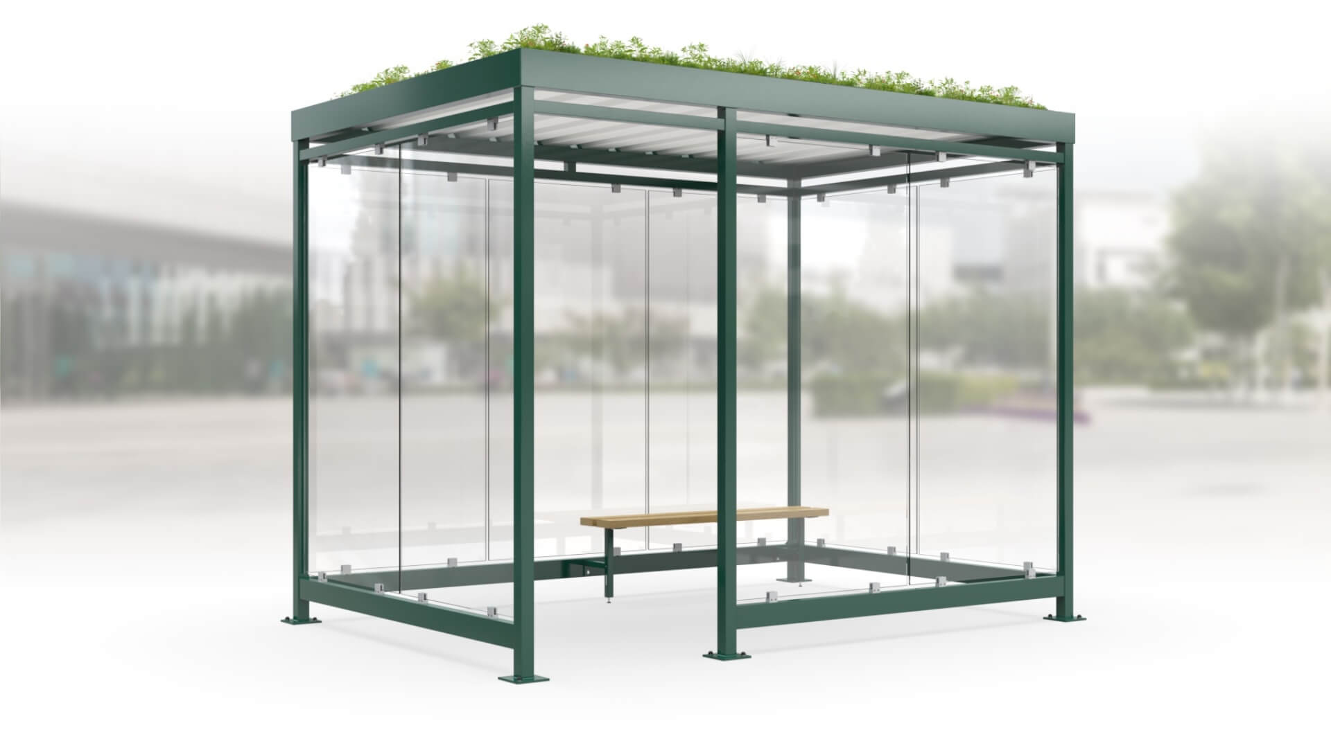 Rookabri Keulen met glazen wanden, groen stalen frame en sedumdak, ontworpen met de online configurator van Umfeldt.