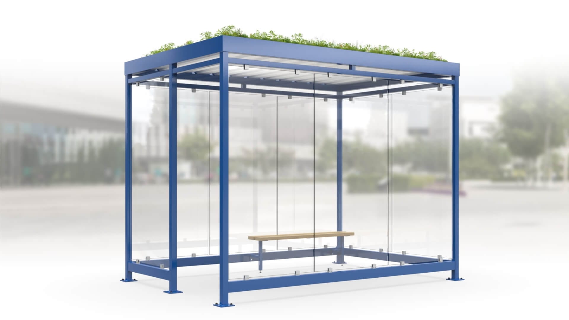 Moderne rookcabine met blauw stalen frame, glazen wanden, houten zitbank en een groen sedumdak — ideaal voor buitengebruik bij bedrijven en instellingen.