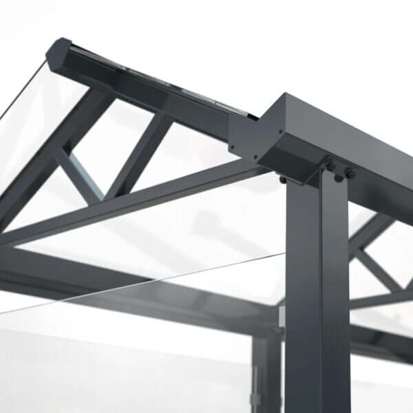 rookoverkaping-fietoverkapping-zurich-detailfoto Detail van glazen dakconstructie van een Umfeldt rook- en fietsoverkapping