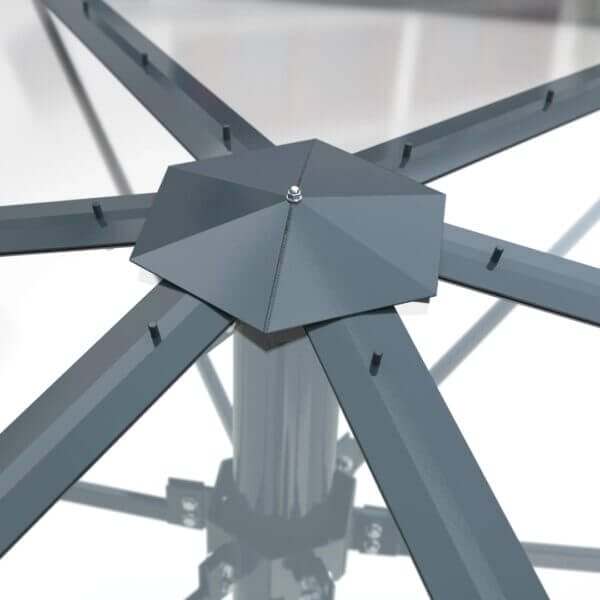 Bovenzijde dakconstructie rookoverkapping Bovenzijde van de dakconstructie van een rookoverkapping met stalen frame en centrale bevestiging