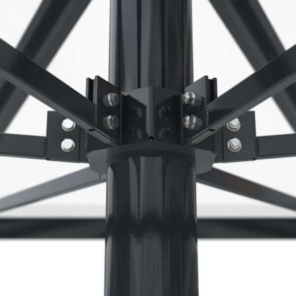 Sterke dakconstructie van rookoverkapping met boutverbindingen Detailfoto van een stalen voetplaat met voorgeboorde gaten en bevestigingsbouten