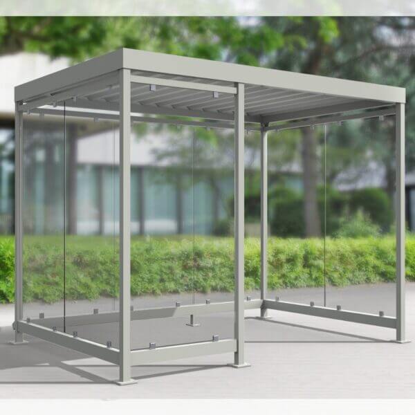 Grijze rookcabine online aanschaffen in diverse maten Gerenderde afbeelding van een grijze rookcabine met glazen wanden en een stevig metalen frame, leverbaar in diverse RAL-kleuren met dezelfde eigenschappen als de overige modellen.