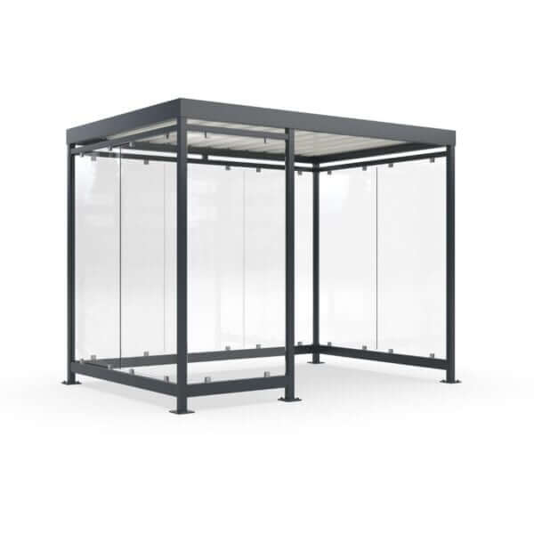 Gerenderde afbeelding van een moderne rookcabine met glazen wanden en een metalen frame, leverbaar in diverse RAL-kleuren en met dezelfde eigenschappen als de overige modellen.