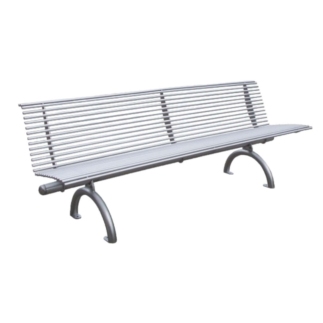 Moderne stalen parkbank met duurzaam en onderhoudsvriendelijk design, perfect voor openbare ruimtes.