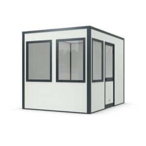 Kantoorunit 4x4 meter met ramen en deur, ruime werkplek voor binnen.