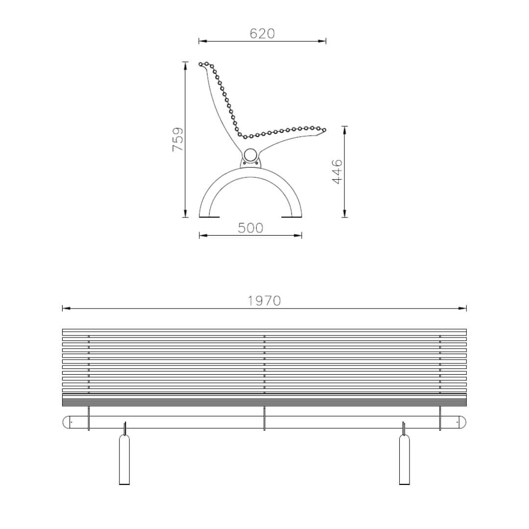 Technische tekening van parkbank met een lengte van 1970mm.