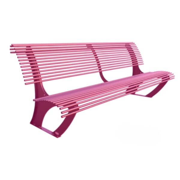 Roze parkbank van staal direct bestellen Roze stalen parkbank van gegalvaniseerd staal, duurzaam design en leverbaar in alle RAL-kleuren met maatwerk lengte.