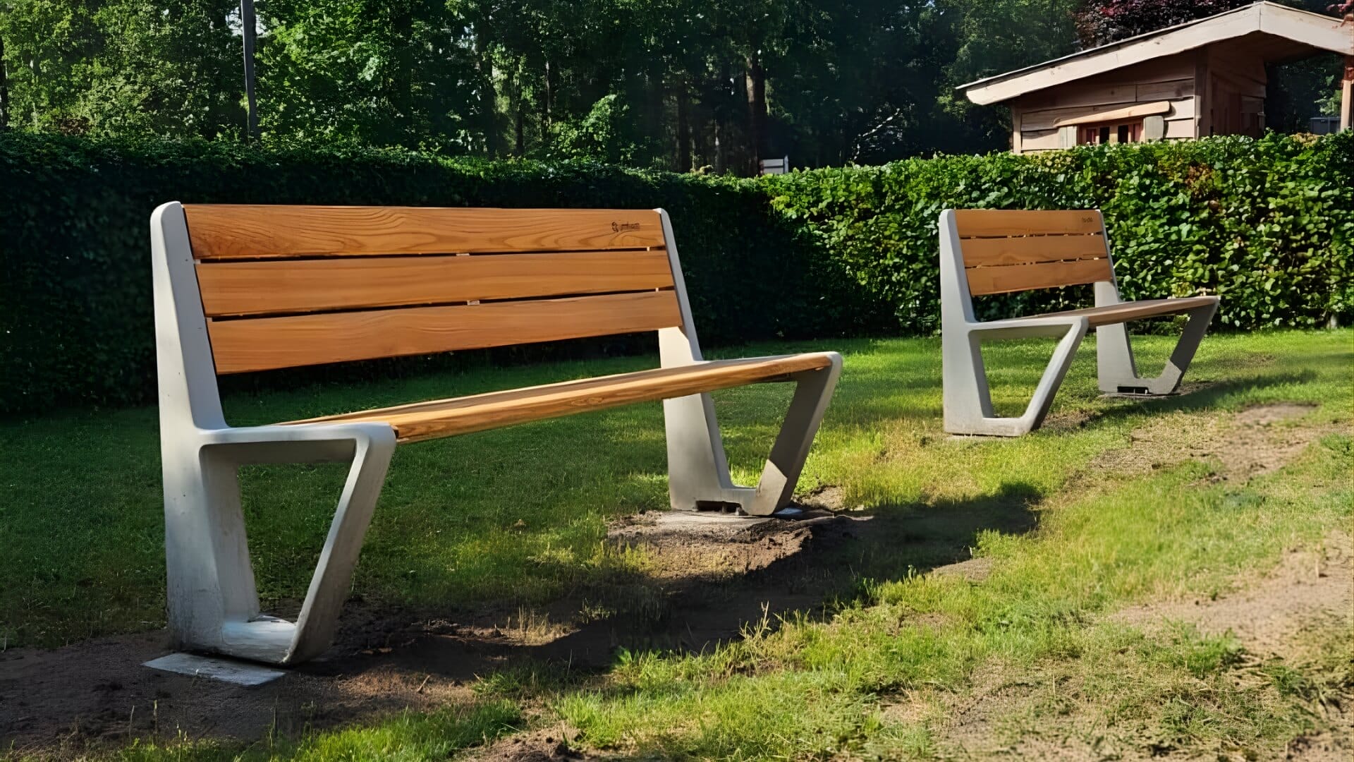 Twee moderne parkbanken met houten zitting en rugleuning op een betonnen onderstel, geplaatst op een groene grasstrook met een haag en tuinhuis op de achtergrond.